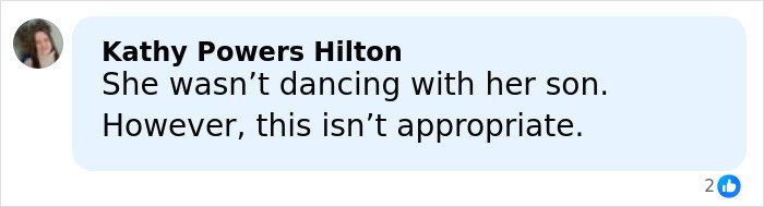 Facebook comment from Kathy Powers Hilton reacting to groom’s mom’s wild wedding dance amid Beckham family fallout.
