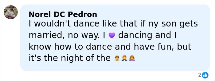 Screenshot of a social media comment about groom’s mom’s wild wedding dance going viral amid Beckham family fallout.