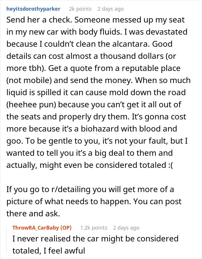 Reddit user sharing concerns about car seat damage caused by body fluids after woman gives birth in friend's car.