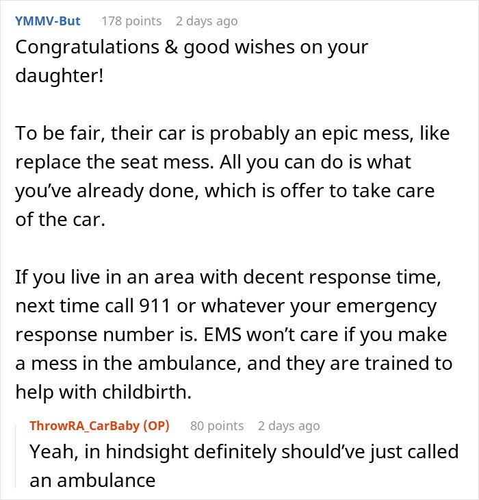 Reddit comments discussing a woman giving birth in a friend’s car and the aftermath of being ignored by them.