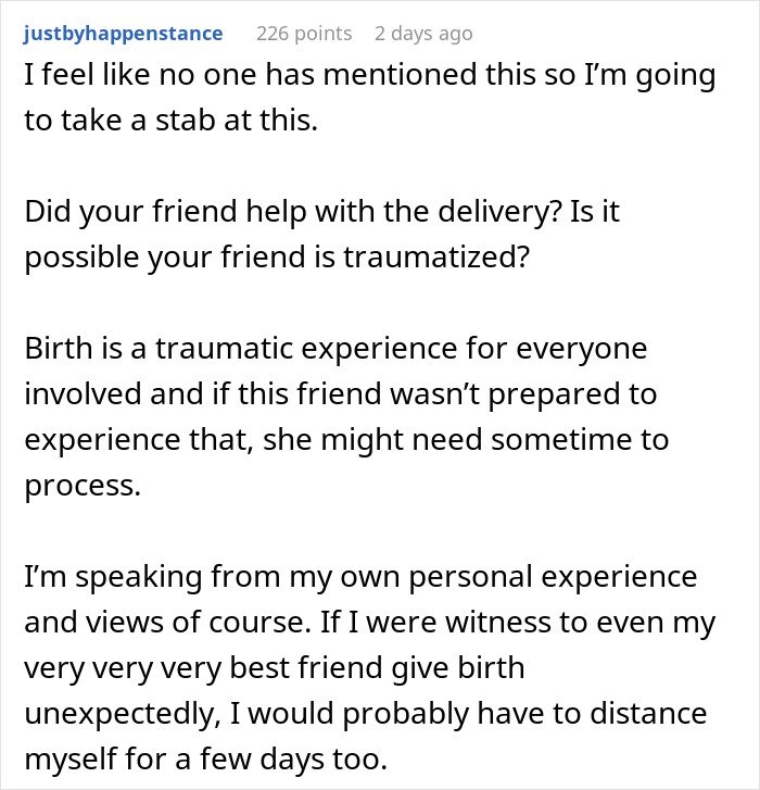 Comment discussing a woman giving birth in friends' car and the emotional trauma causing friends to ignore her afterwards.