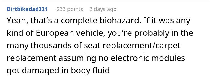 Comment discussing biohazard concerns and seat replacement costs due to body fluid damage in a vehicle after birth in a friend's car.