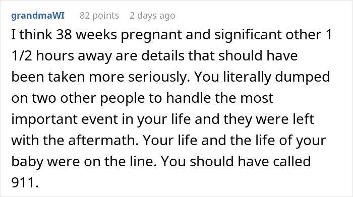 Comment criticizing a woman for giving birth in friends’ car and feeling confused after they start ignoring her.