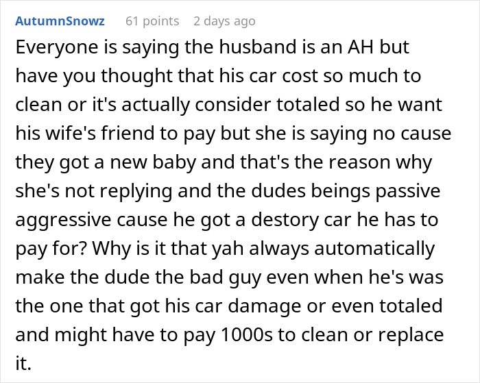 Comment discussing a man’s car damage and financial conflict after a woman gives birth in friends’ car, causing tension.