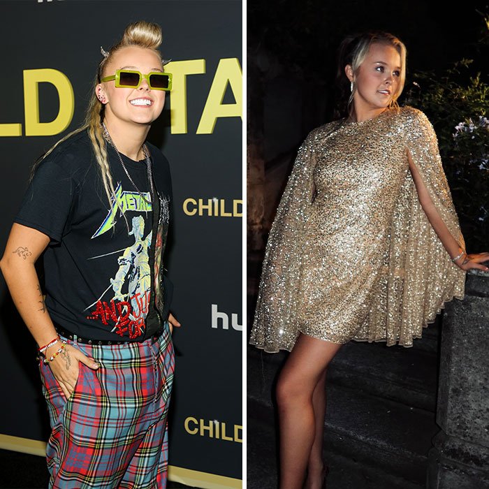 JoJo Siwa's massive transformation shown in two images, one casual and one glamorous evening look.