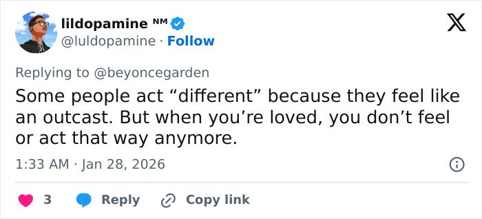 Tweet by user lildopamine expressing thoughts on feeling loved and acting different, related to JoJo Siwa's transformation.