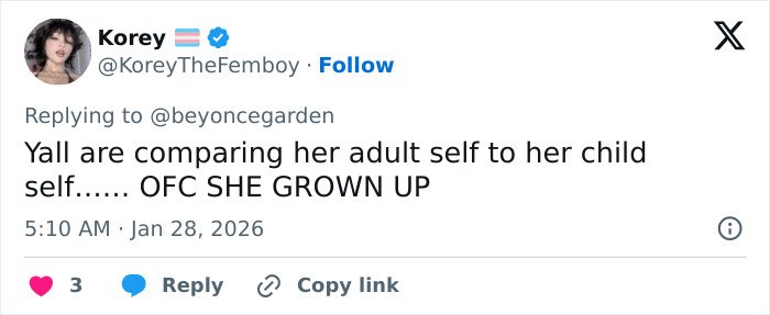 Screenshot of a Twitter reply discussing JoJo Siwa’s massive transformation and reactions to her grown-up appearance.