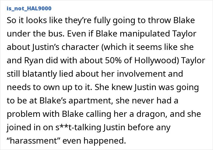 Text from social media discussing Blake Lively&rsquo;s involvement and possible impact on Taylor Swift&rsquo;s wedding to Travis Kelce.