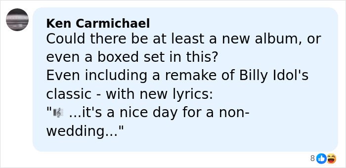 Comment from Ken Carmichael suggesting a new album or boxed set including a remake about Taylor Swift's wedding called off.