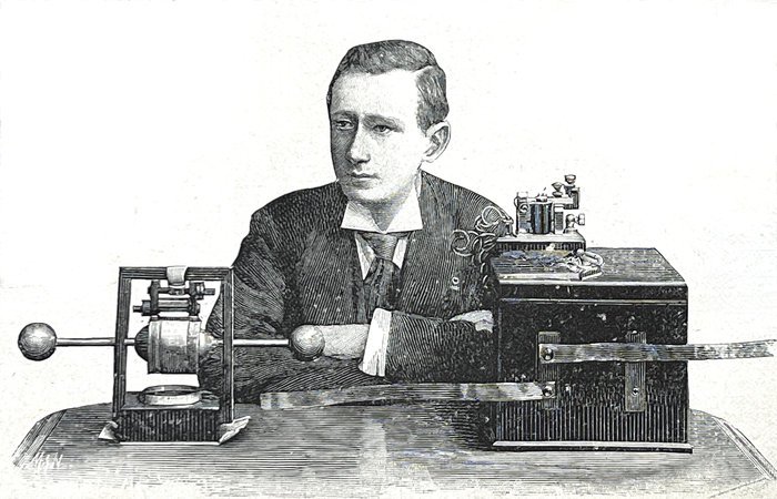 Vintage illustration of a man with early telegraph equipment representing SOS code\'s impact on rescue missions.