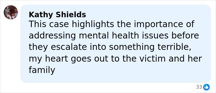 Comment by Kathy Shields discussing mental health and expressing sympathy for victim and family in a tragic homicide case.
