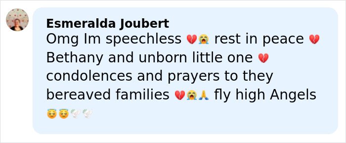 Alt text: Comment expressing grief and condolences over pregnant sister’s homicide with heartfelt emojis and prayers.