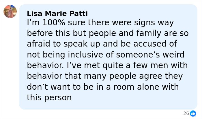 Facebook comment by Lisa Marie Patti discussing fear of speaking up about signs and behavior related to a pregnant sister’s homicide case.