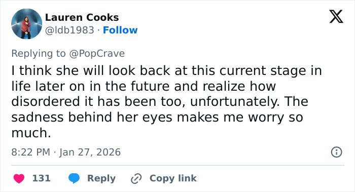 Tweet by Lauren Cooks reflecting on Ariana Grande's emotional state and the heartbreaking reason behind her style choices.