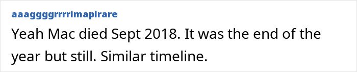 Text post mentioning a timeline related to Mac's death in September 2018, reflecting on the end of that year.