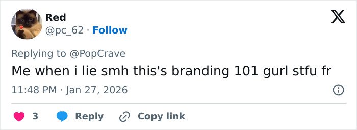 Twitter user Red replying with text about branding, relating to Ariana Grande revealing reason for wearing big sweatshirts and thigh-high boots.