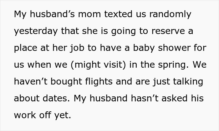 Text message describing a mother-in-law planning an inappropriate baby shower despite uncertain visit dates.