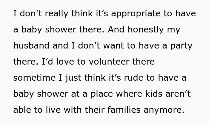 Text about rejecting an inappropriate baby shower idea causing a MIL tantrum and tension around the event location.