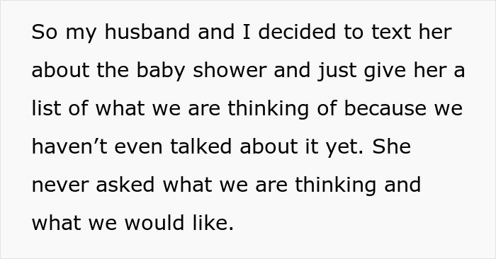 Text message describing a rejected inappropriate baby shower idea causing a mother-in-law tantrum and feeling unneeded.
