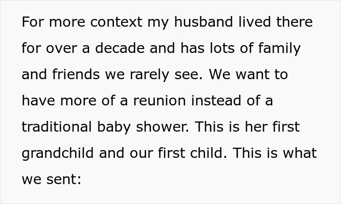 Text explaining family reunion preference over traditional baby shower after MIL&rsquo;s inappropriate baby shower idea was rejected.