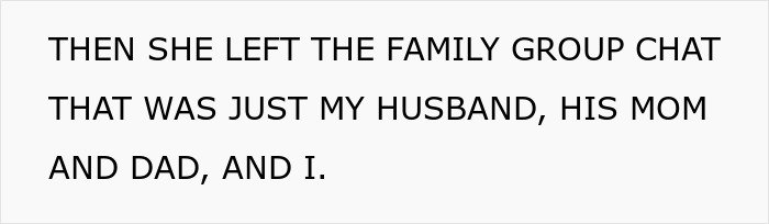 Text message showing a family group chat where the mother-in-law left after her inappropriate baby shower idea was rejected.