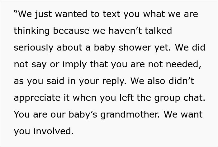 Text message discussing feelings about an inappropriate baby shower idea and involvement of the baby's grandmother.