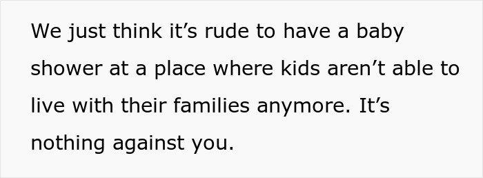 Text discussing the rejection of an inappropriate baby shower idea from a mother-in-law causing a family conflict.