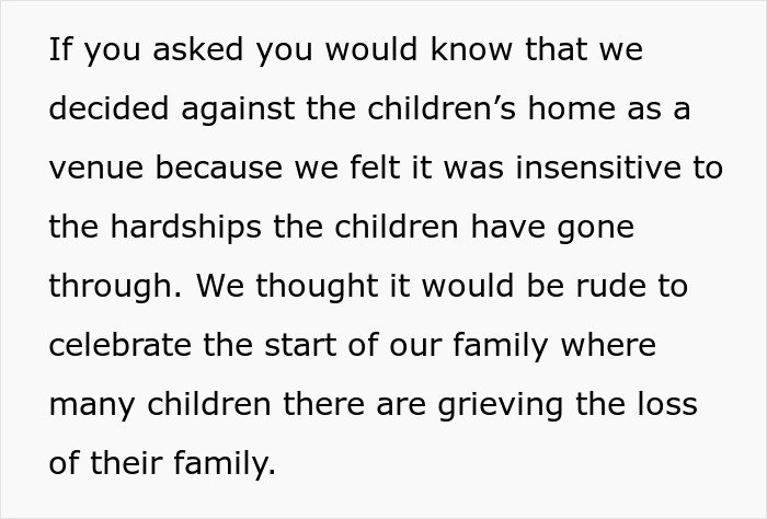 Text excerpt explaining rejection of inappropriate baby shower venue idea due to insensitivity to children's hardships.
