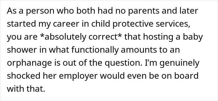 Text discussing rejection of an inappropriate baby shower idea leading to a mother-in-law throwing a tantrum.