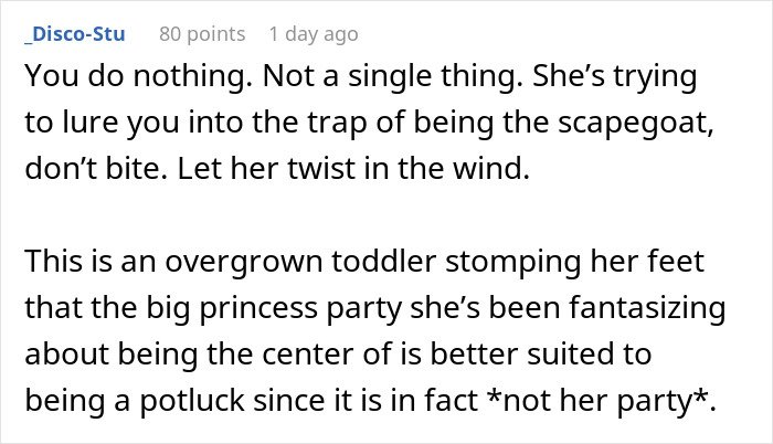 Comment discussing a mother-in-law throwing a tantrum after her inappropriate baby shower idea was rejected.