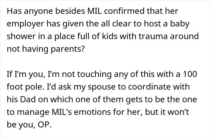 Text discussing concerns about a MIL's inappropriate baby shower idea rejected due to emotional issues.