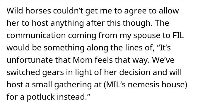 Text excerpt discussing communication about MIL&rsquo;s rejected inappropriate baby shower idea and alternative plans for a potluck gathering.
