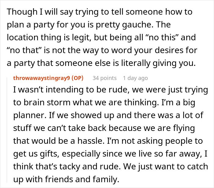 Text conversation showing a user discussing party planning and a mother-in-law&rsquo;s inappropriate baby shower idea rejection.