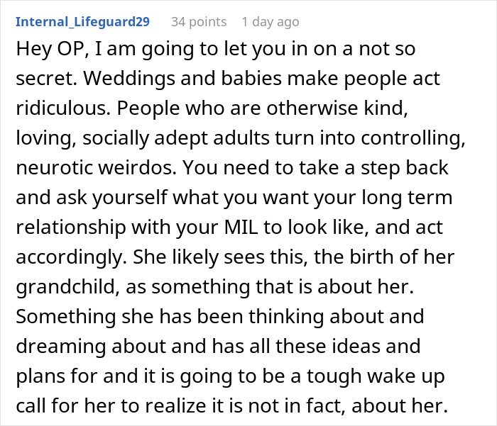 Comment discussing controlling behavior of a mother-in-law after her inappropriate baby shower idea was rejected.