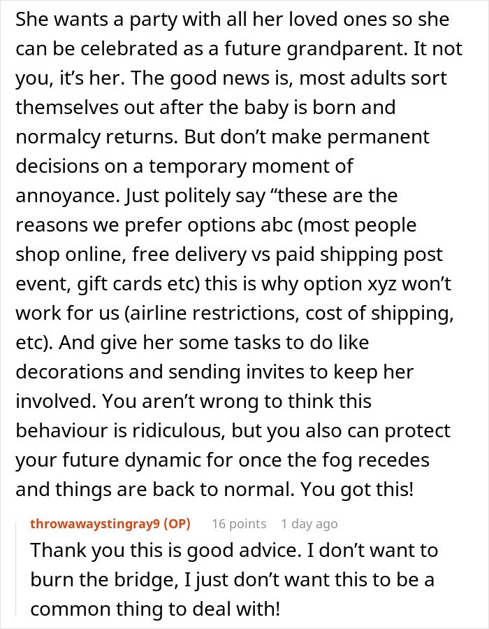 Text conversation about handling a MIL's inappropriate baby shower idea and managing family expectations calmly.