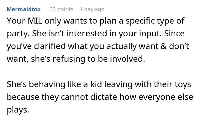 Screenshot of a comment explaining how a MIL throws a tantrum after her inappropriate baby shower idea is rejected.