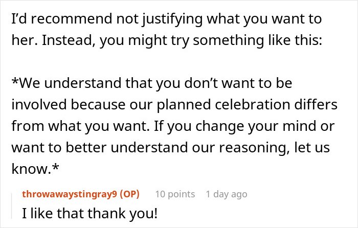 Text conversation showing advice on handling disagreements with a mother-in-law about an inappropriate baby shower idea.