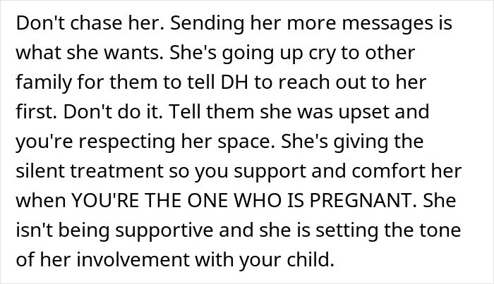 Text block showing advice on handling a mother-in-law&rsquo;s tantrum after her inappropriate baby shower idea was rejected.