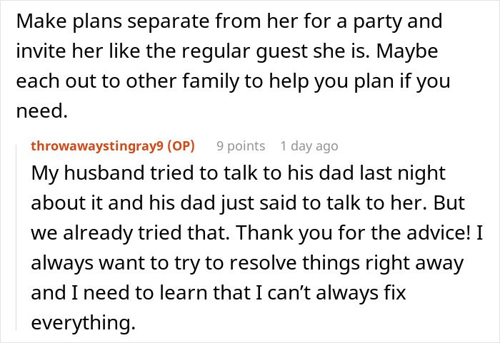 Comment discussing MIL throwing tantrum over inappropriate baby shower idea and family conflict resolution attempts