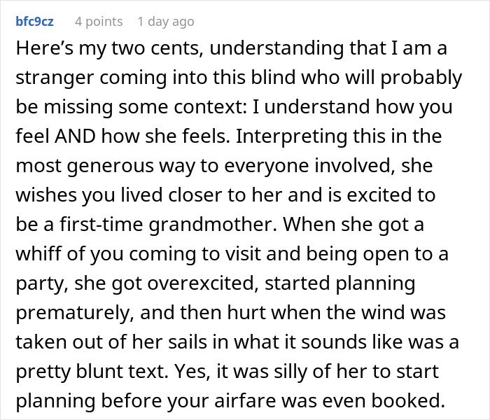 Commenter explaining MIL's tantrum over rejected inappropriate baby shower idea and feelings about not being needed.