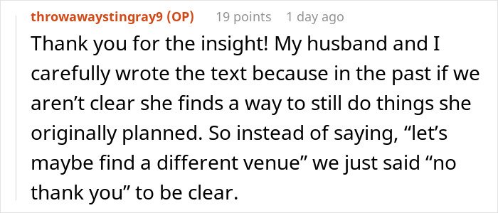 Screenshot of a Reddit comment discussing handling a mother-in-law&rsquo;s inappropriate baby shower plans and setting clear boundaries.