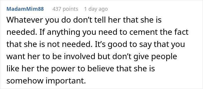 Comment on a forum about a mother-in-law throwing a tantrum over an inappropriate baby shower idea being rejected.
