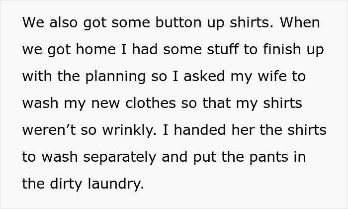 Text excerpt about man blaming wife for no slacks on business trip, mentioning laundry and clothes care.