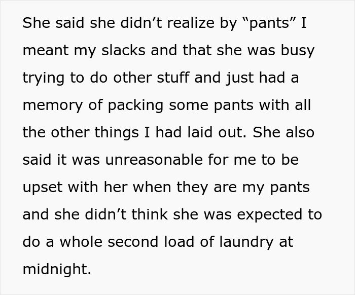 Text explaining a man blaming wife for no slacks on his business trip while internet reacts strongly.