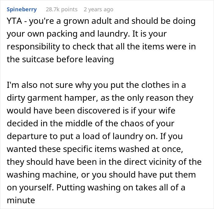 Reddit user responds to man trying to blame wife for no slacks packed for his business trip, sparking internet debate.