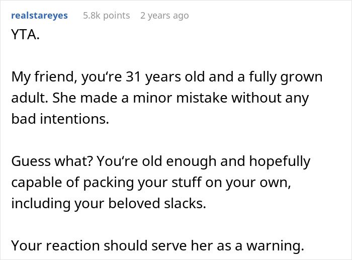 User comment discussing a man blaming his wife for no slacks on business trip, with internet users disagreeing.
