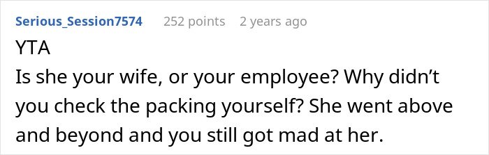 Comment thread criticizing man blaming wife for no slacks on business trip, with user calling him out.