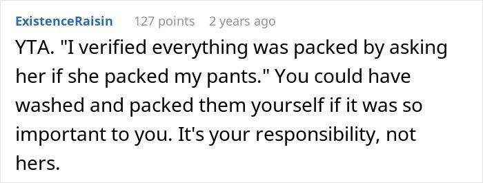 Screenshot of an online comment criticizing a man trying to blame his wife for having no slacks for his business trip.