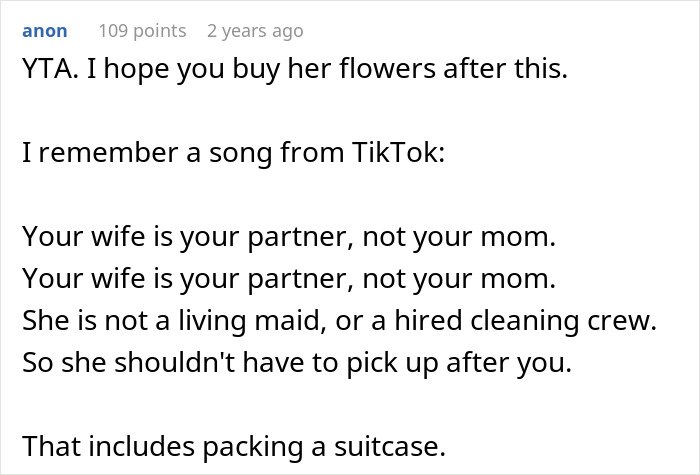 Alt text: Screenshot of an online comment criticizing a man for blaming his wife for no slacks on his business trip.