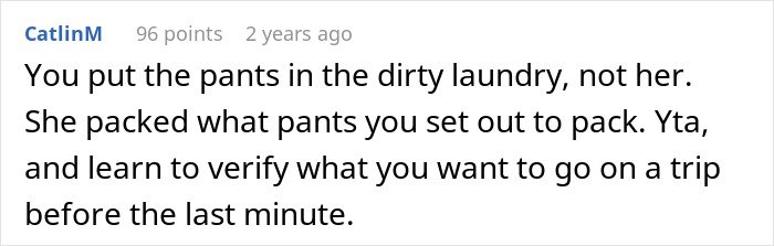 Screenshot of a forum comment debating responsibility for packing slacks for a business trip, blaming wife rejected by internet users.